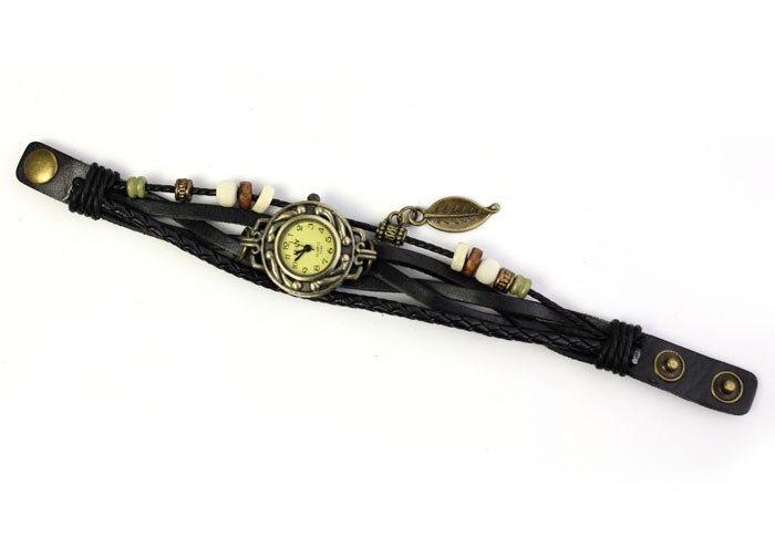 2019 Fashion Womens Bracelet Watch Vintage Weave Wrap Quartz PU Leather Leaf Beads Wrist Watches lady Relogio Feminino Best Sale