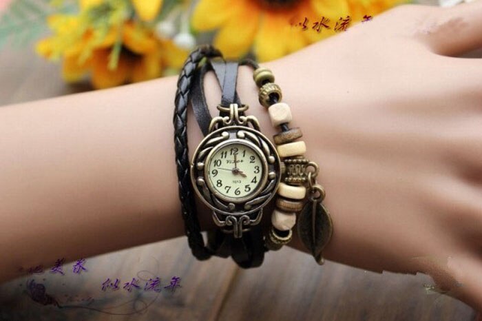 2019 Fashion Womens Bracelet Watch Vintage Weave Wrap Quartz PU Leather Leaf Beads Wrist Watches lady Relogio Feminino Best Sale