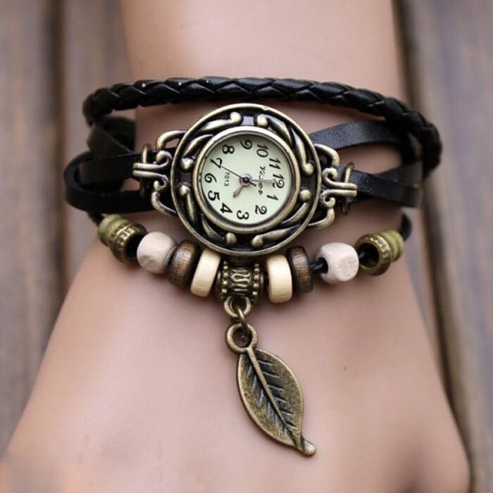 2019 Fashion Womens Bracelet Watch Vintage Weave Wrap Quartz PU Leather Leaf Beads Wrist Watches lady Relogio Feminino Best Sale