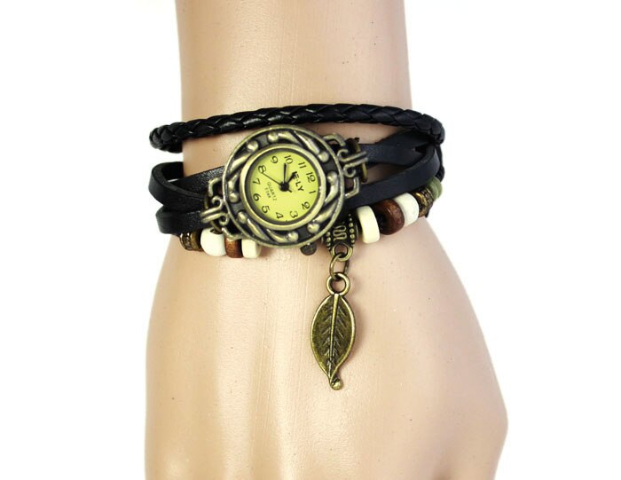 2019 Fashion Womens Bracelet Watch Vintage Weave Wrap Quartz PU Leather Leaf Beads Wrist Watches lady Relogio Feminino Best Sale