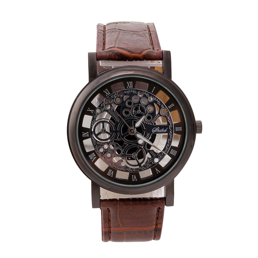 Fashion Business Skeleton Watch Men Engraving Hollow Reloj Hombre Dress Quartz Wristwatch Leather Band Women Clock Relojes Mujer