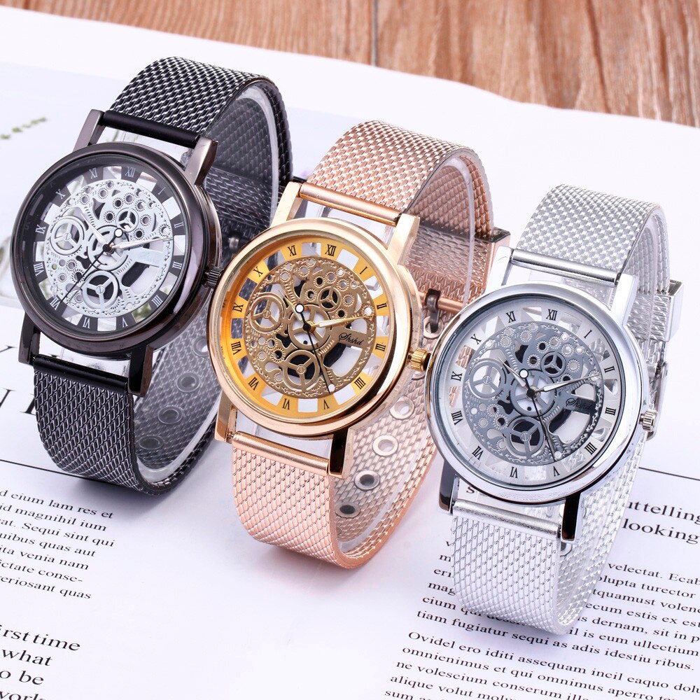 Luxury Stainless Steel Quartz Military  Plastic Band Dial Wrist Watch Men Engraving Hollow Reloj Hombre Dress Quartz watches