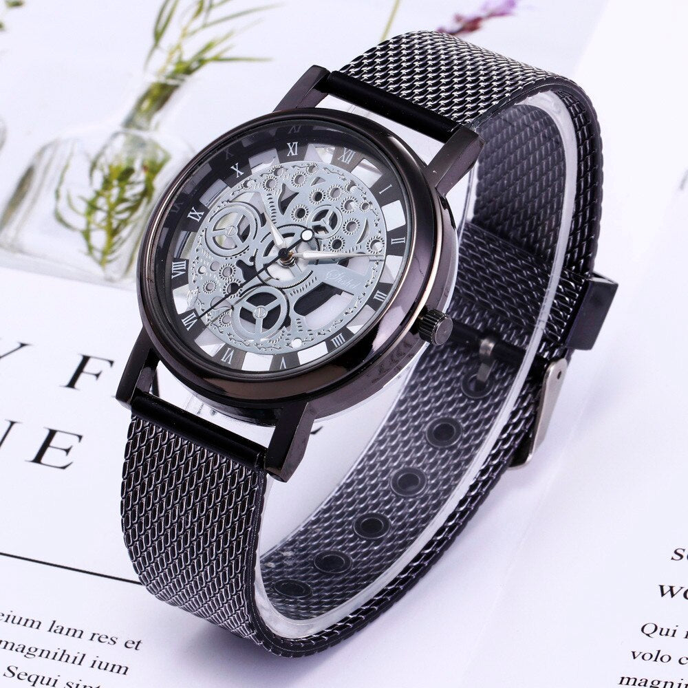 Luxury Stainless Steel Quartz Military  Plastic Band Dial Wrist Watch Men Engraving Hollow Reloj Hombre Dress Quartz watches