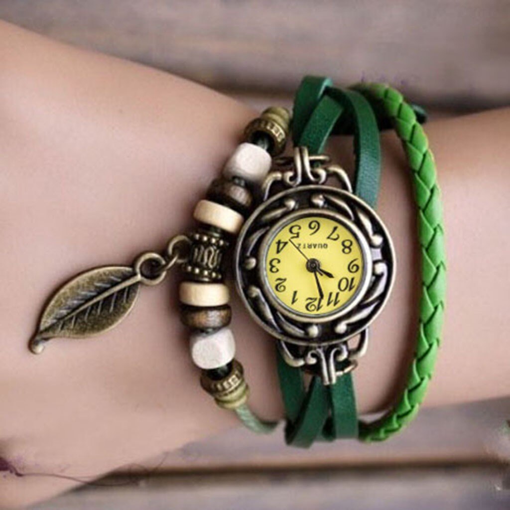 Multicolor High Quality Women Genuine Leather Vintage Quartz Dress Watch Bracelet Wristwatches leaf gift Christmas Reloj #8