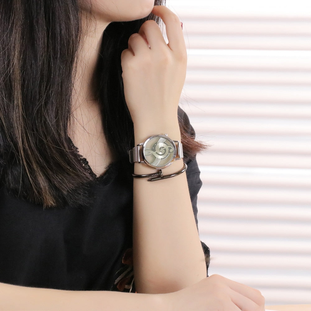 Splendid Luxury Brand Fashion Casual Music Note Notation Watch Stainless Steel Mesh Wristwatch for Men and Women Silver Watches