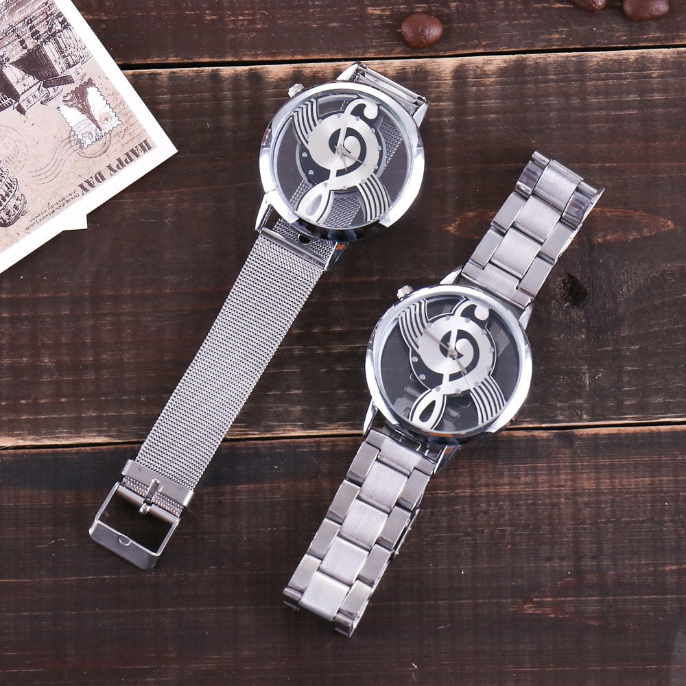 Splendid Luxury Brand Fashion Casual Music Note Notation Watch Stainless Steel Mesh Wristwatch for Men and Women Silver Watches
