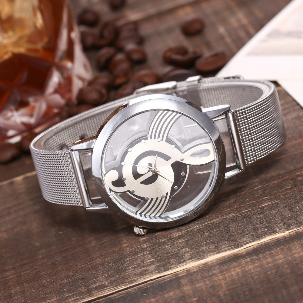 Splendid Luxury Brand Fashion Casual Music Note Notation Watch Stainless Steel Mesh Wristwatch for Men and Women Silver Watches