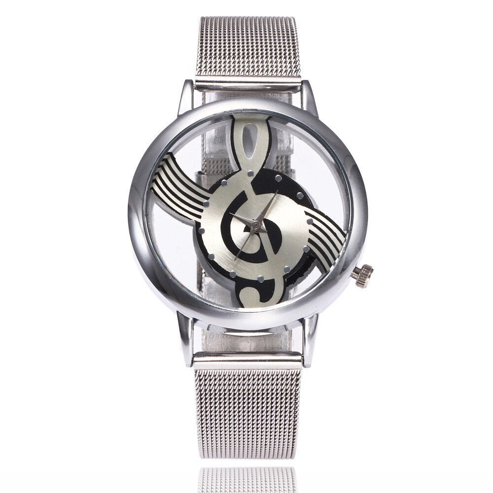 Splendid Luxury Brand Fashion Casual Music Note Notation Watch Stainless Steel Mesh Wristwatch for Men and Women Silver Watches