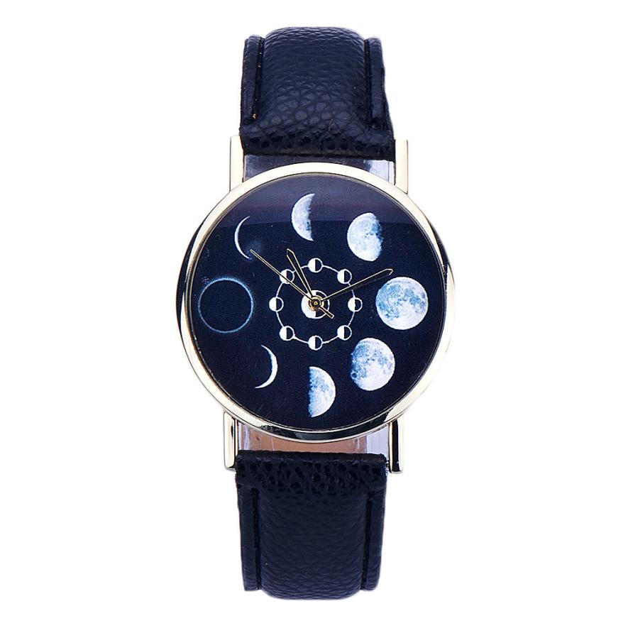 Splendid Solar Moon Phase Lunar Eclipse Watches Women 2018 Stylish Quartz Watch PU Leather Bracelet Watches Womens Clock Hours