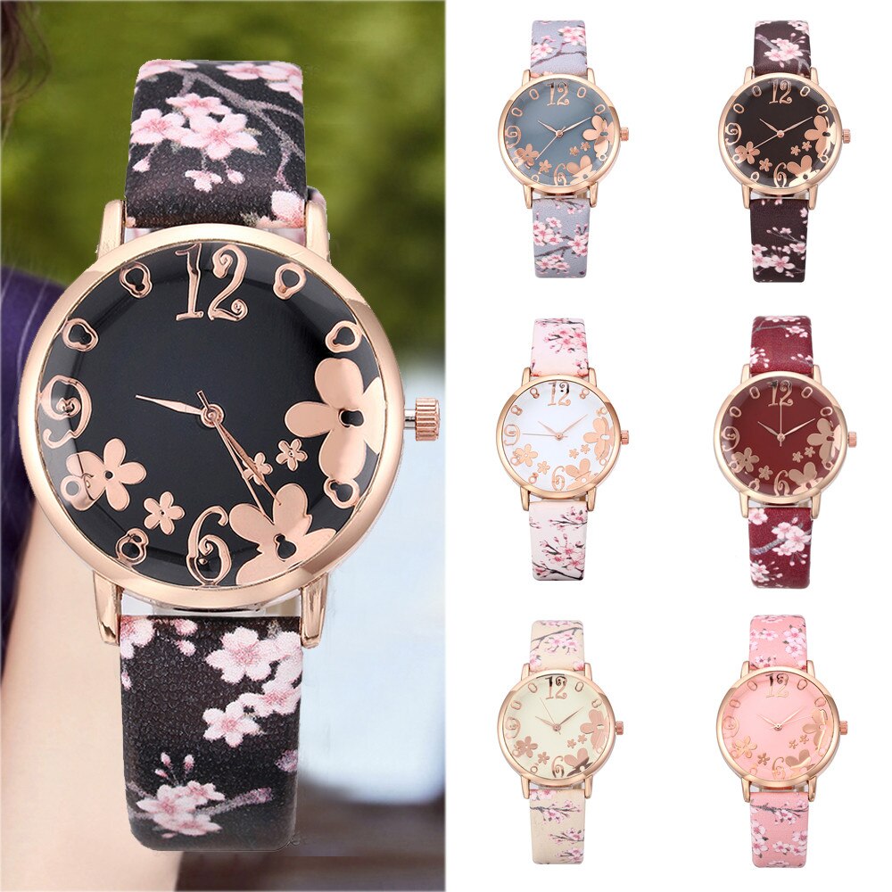 Women Fashion Embossed Flowers Small Fresh Printed Belt Student Quartz Watch Leather Quartz Wristwatch Female Clock Reloj #2