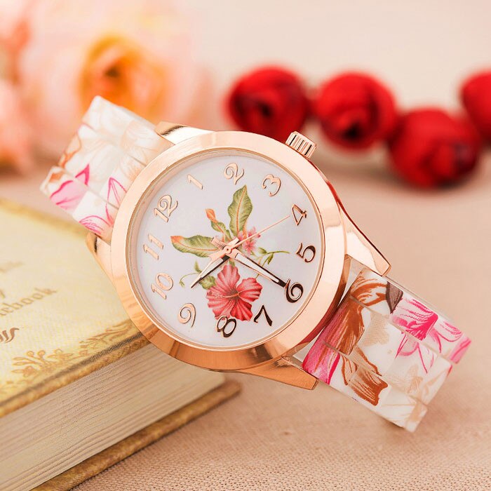 Women Girl Watch Silicone Printed Flower Causal Quartz WristWatches PK Fashion Women's Luxury Leather Band Analog watch #4