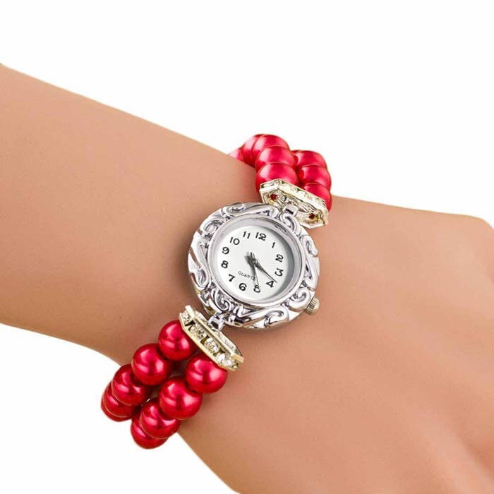 Women Students Beautiful Fashion Brand New Golden Pearl Quartz Bracelet  Charm Wrap Around Leatheroid Quartz Analog wrist watch