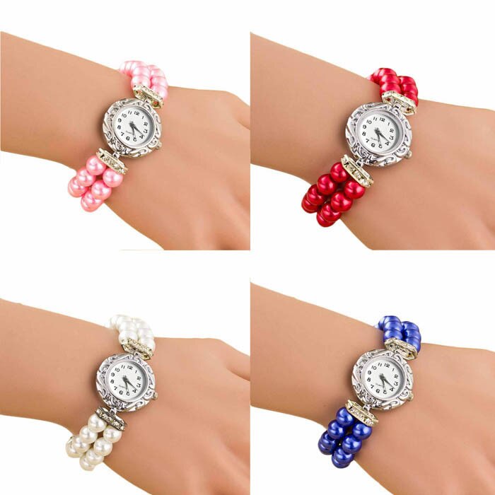 Women Students Beautiful Fashion Brand New Golden Pearl Quartz Bracelet  Charm Wrap Around Leatheroid Quartz Analog wrist watch