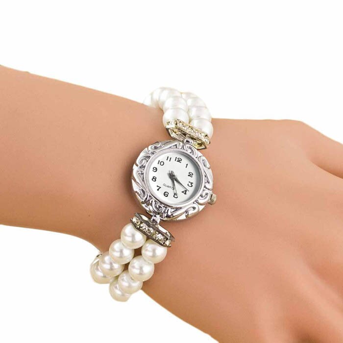 Women Students Beautiful Fashion Brand New Golden Pearl Quartz Bracelet  Charm Wrap Around Leatheroid Quartz Analog wrist watch