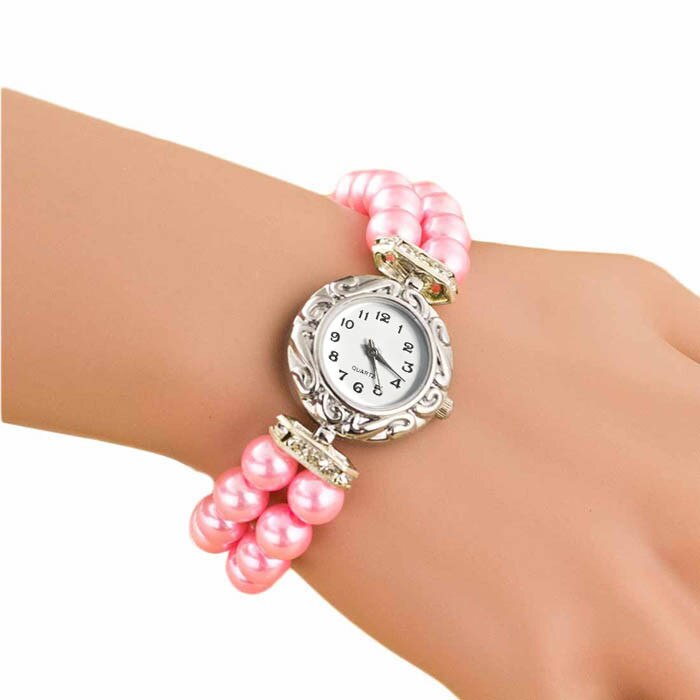 Women Students Beautiful Fashion Brand New Golden Pearl Quartz Bracelet  Charm Wrap Around Leatheroid Quartz Analog wrist watch