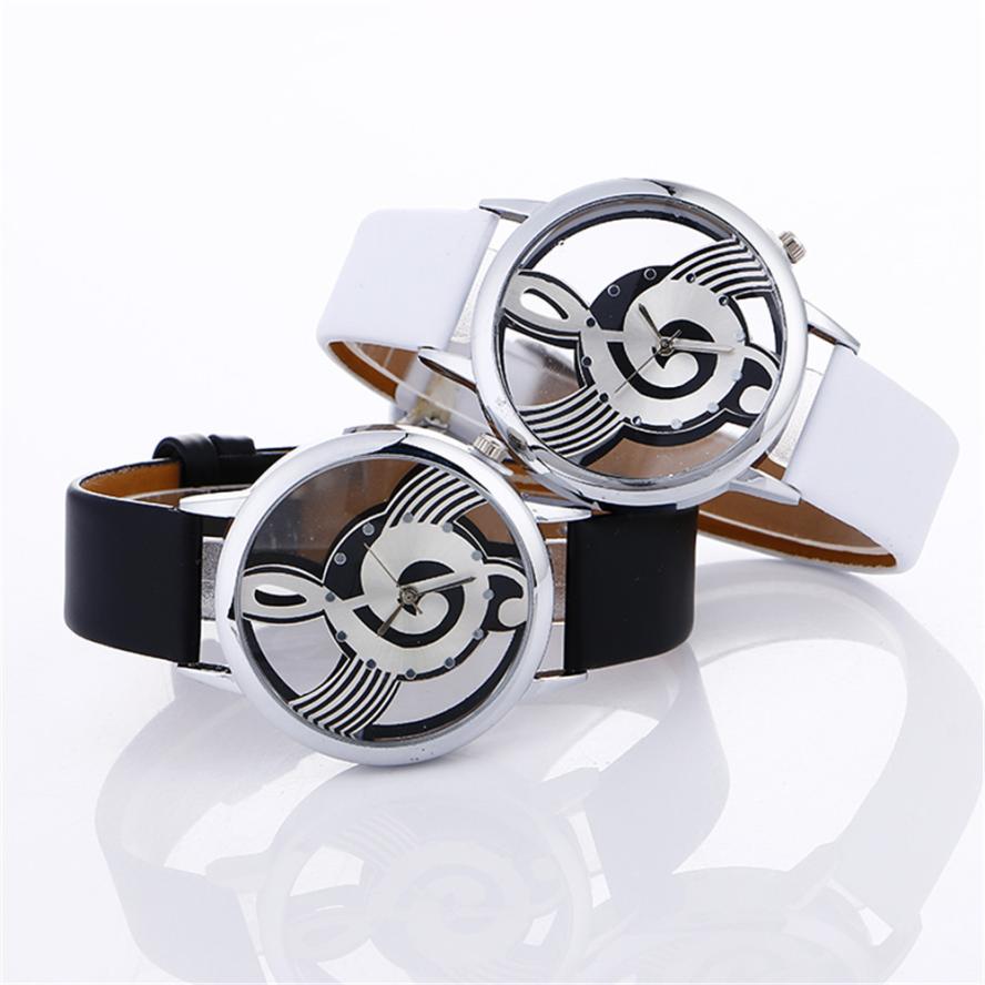 stylish Musical Note Painting Leather Bracelet Lady Womans Wrist Watches simple casual Engraving Hollow lady bracelet watches